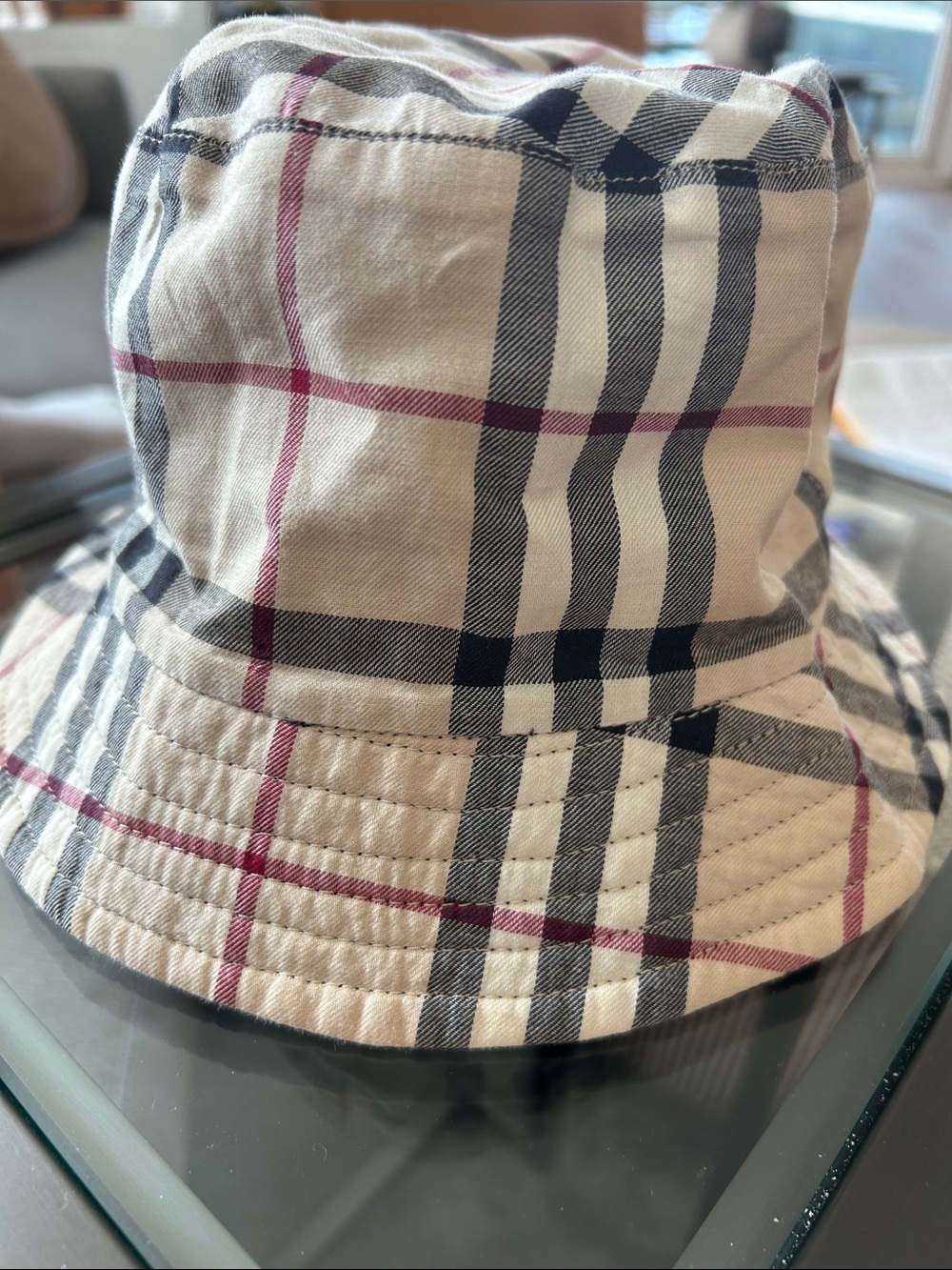 Burberry Beige Plaid Hat with Black and Red